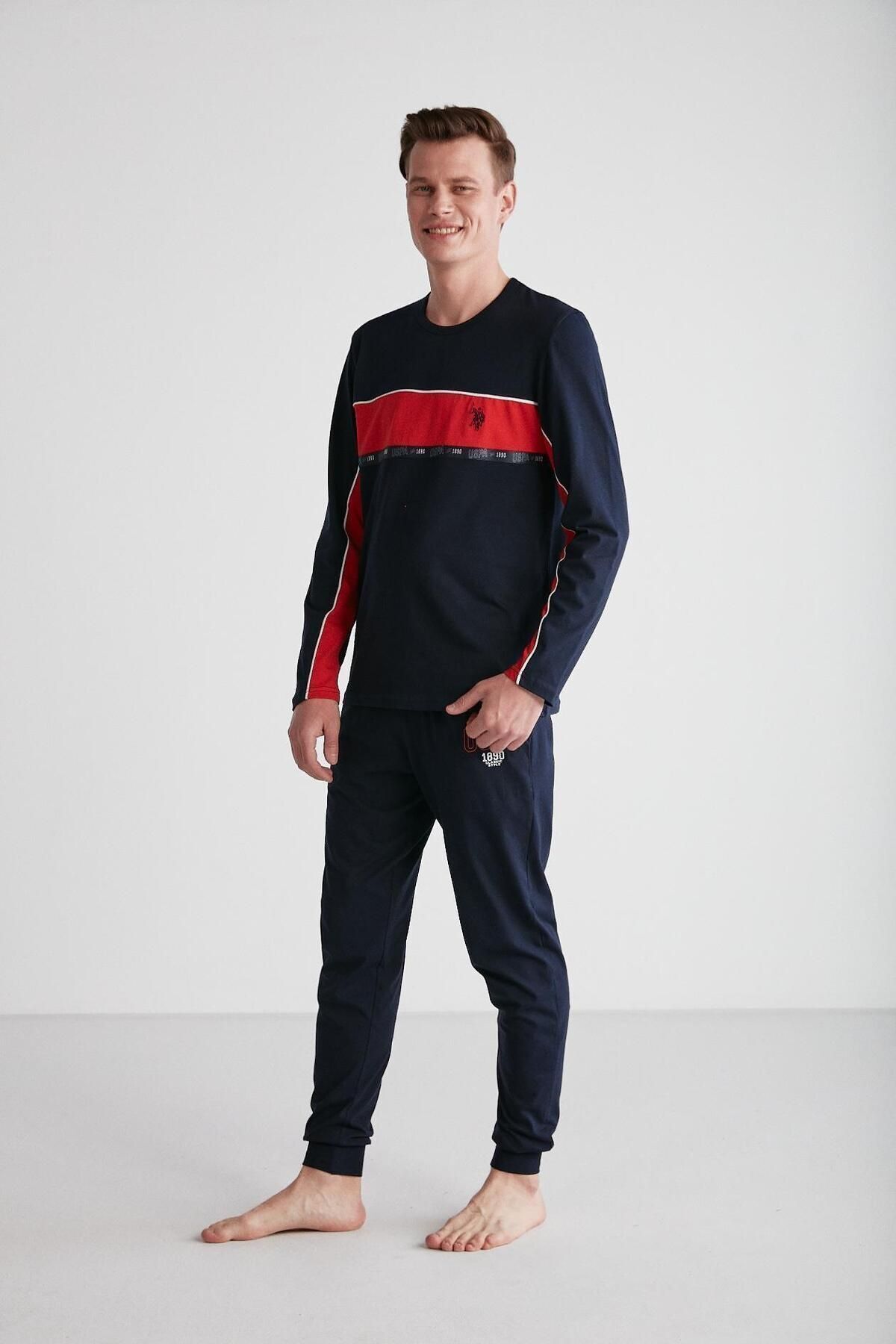 ست پیژامه آبی مردانه لباس خواب یقه گرد سرمه ای U.S. Polo Assn.