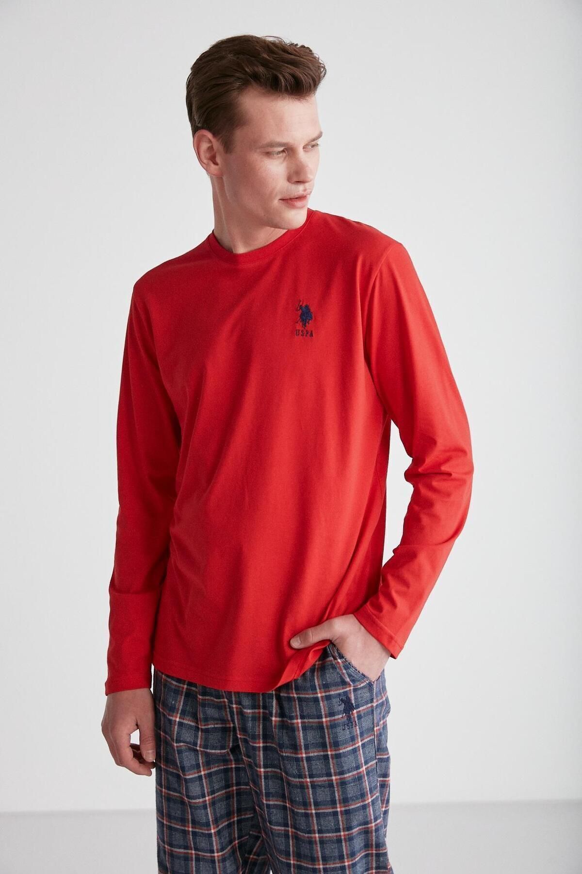 ست پیژامه قرمز مردانه لباس خواب یقه گرد U.S. Polo Assn.