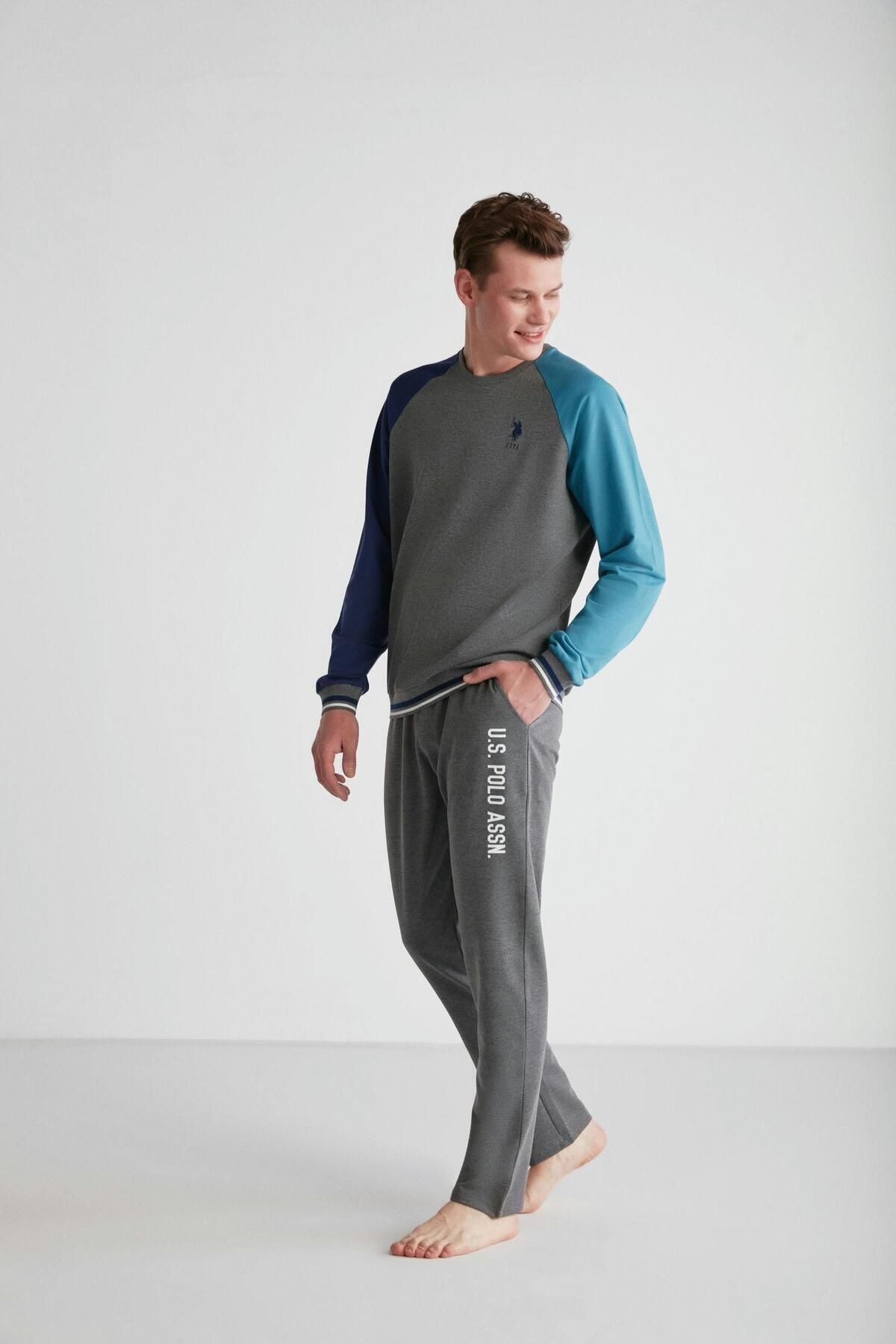 ست پیژامه خاکستری مردانه لباس خواب یقه گرد آنتراسیت ملانژ U.S. Polo Assn.