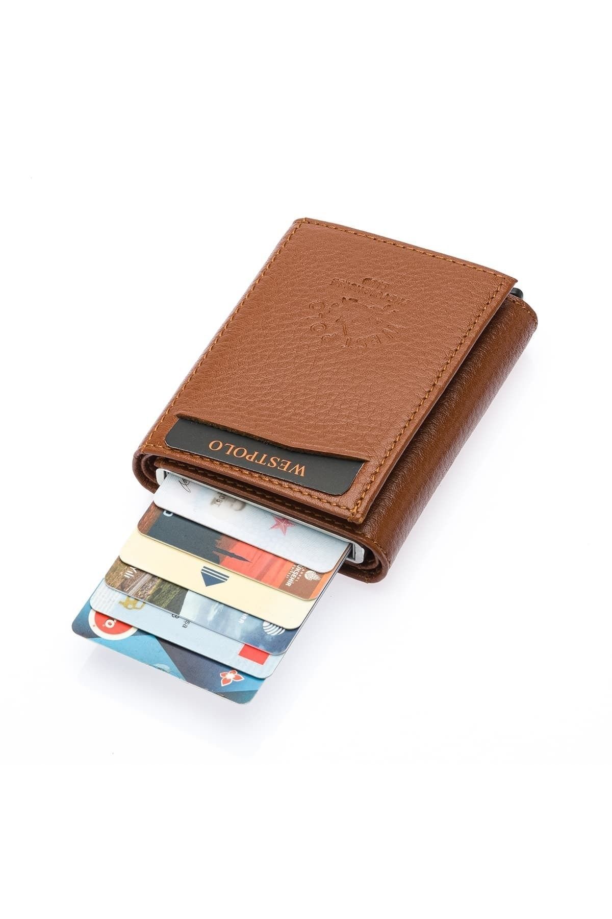 Westpolo-Tan Men's Genuine Leather Mechanical Wallet Card Holder Try5550 1