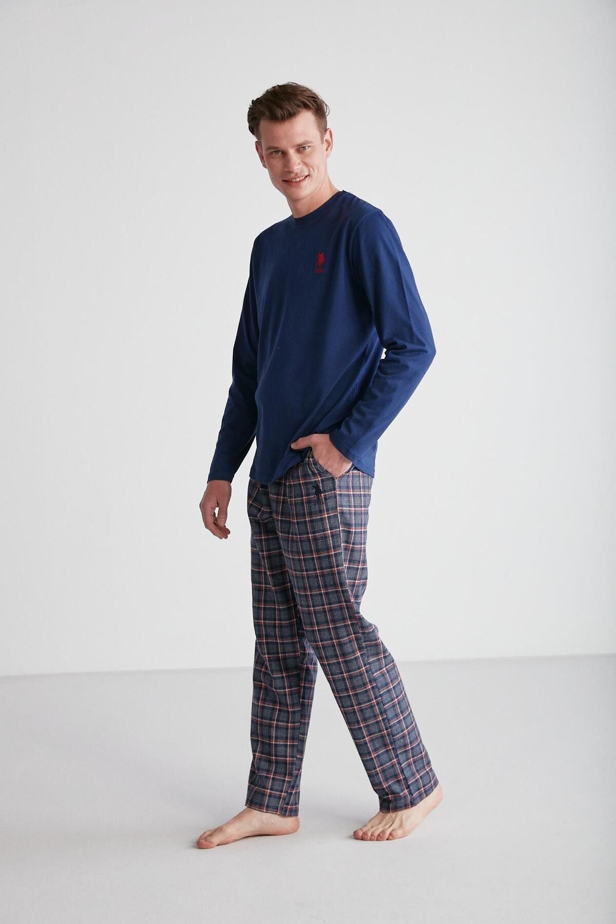 ست پیژامه آبی مردانه لباس خواب یقه گرد سرمه ای U.S. Polo Assn.