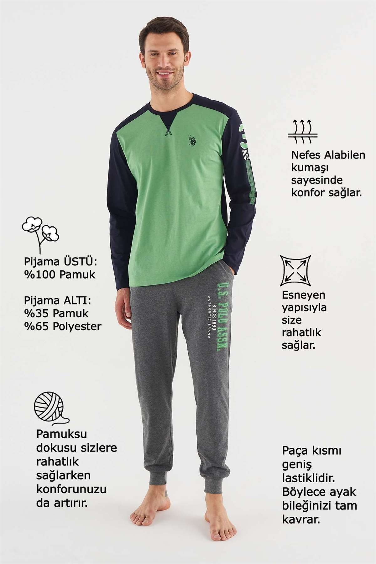 ست پیژامه سبز مردانه لباس خواب یقه گرد U.S. Polo Assn.