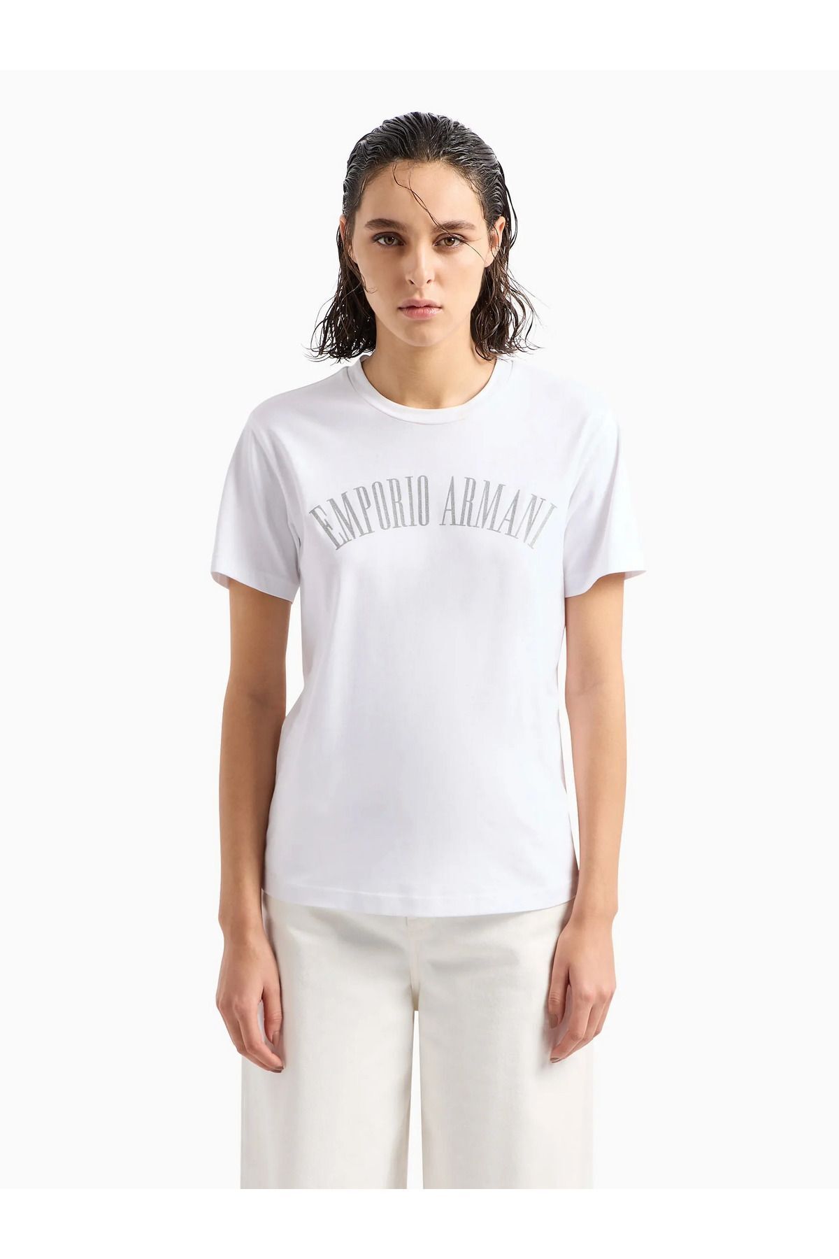Emporio Armani-تي شيرت نسائي قطن أبيض برقبة دائرية - كم قصير 3D2T7S 2JIDZ-0100 1