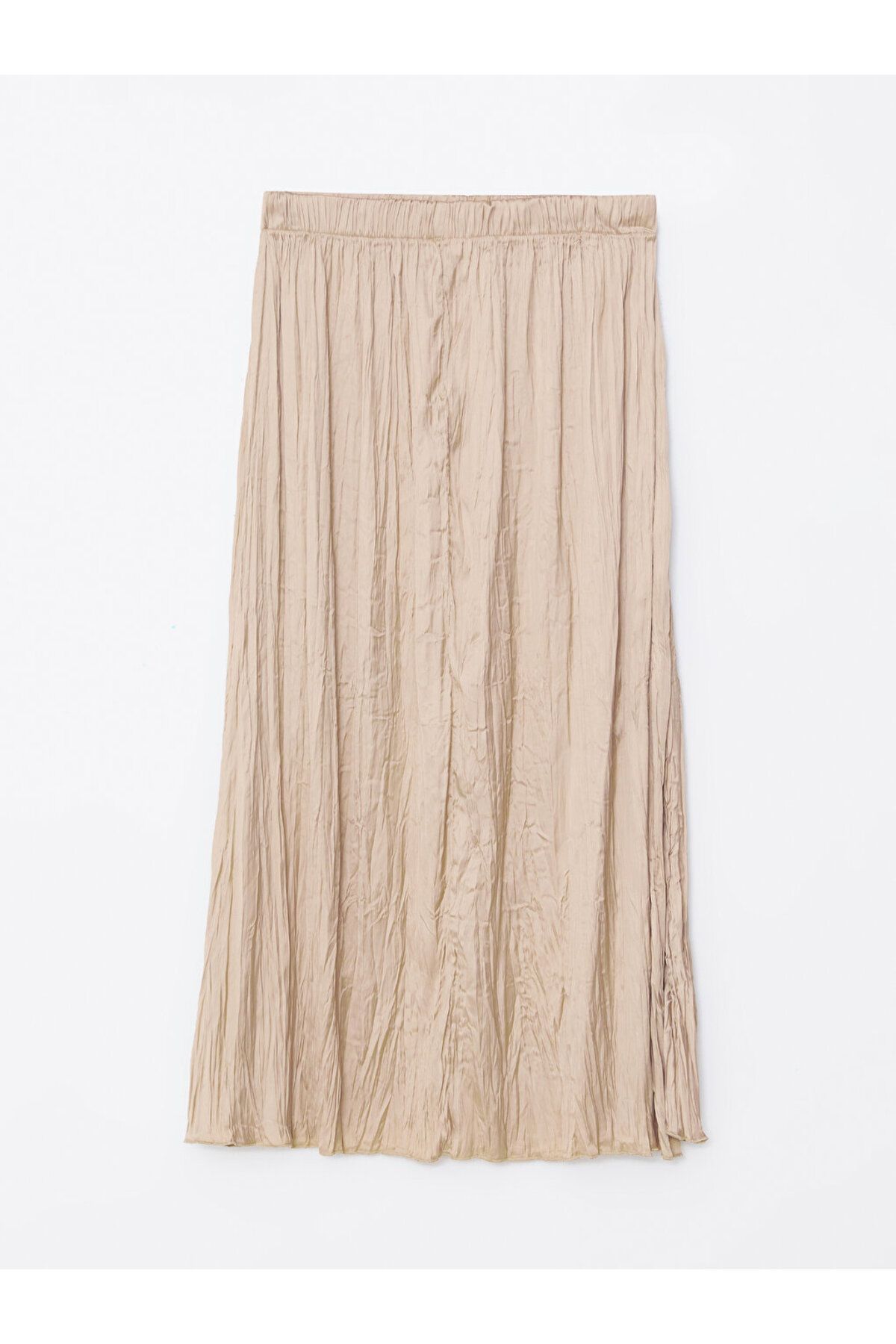 LC Waikiki-Fusta din satin pliată simplă LCW Modest bej pentru femei cu talie elastică 2