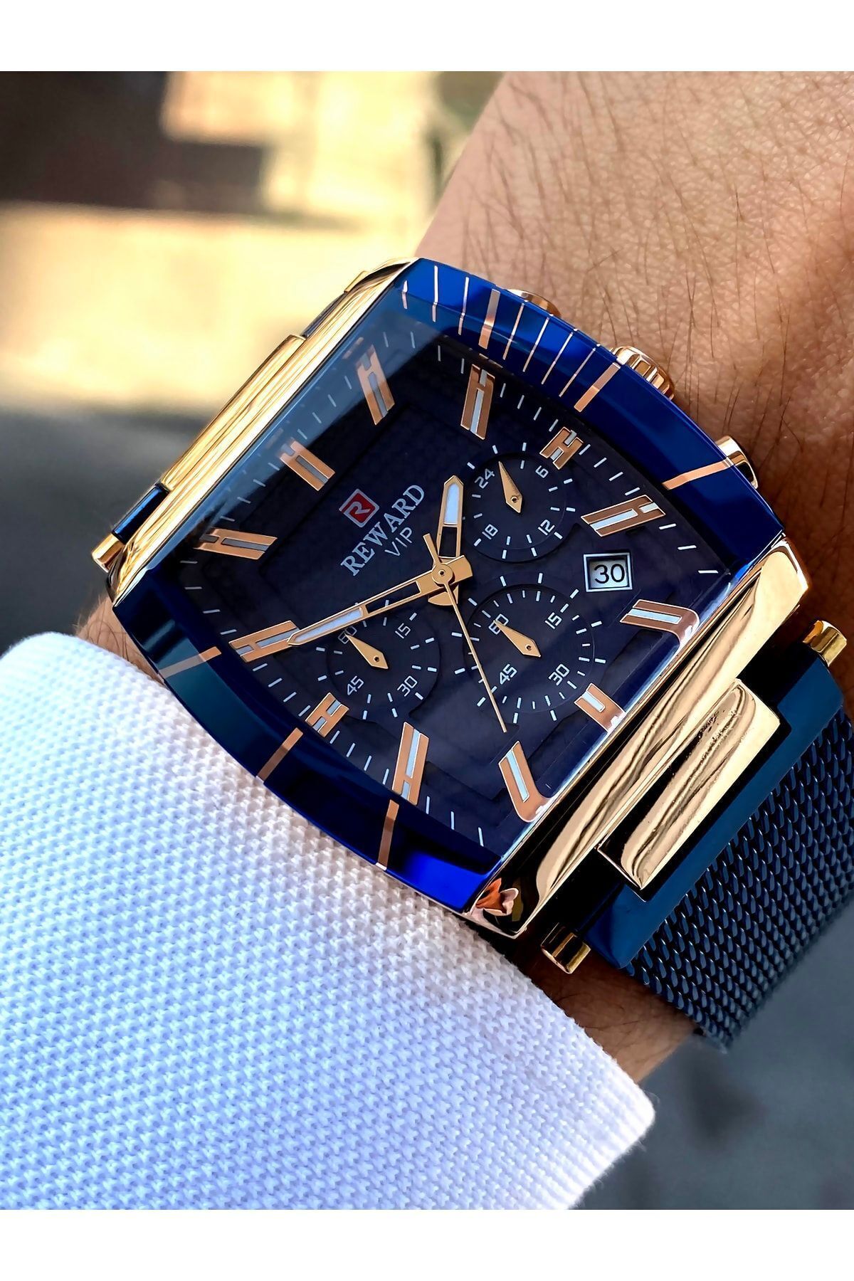Reward  %100 Orijinal 24 Ay Garantili Özel Kare Lacivert Çelik Hasır Kordon Erkek Kol Saati - Görsel 4