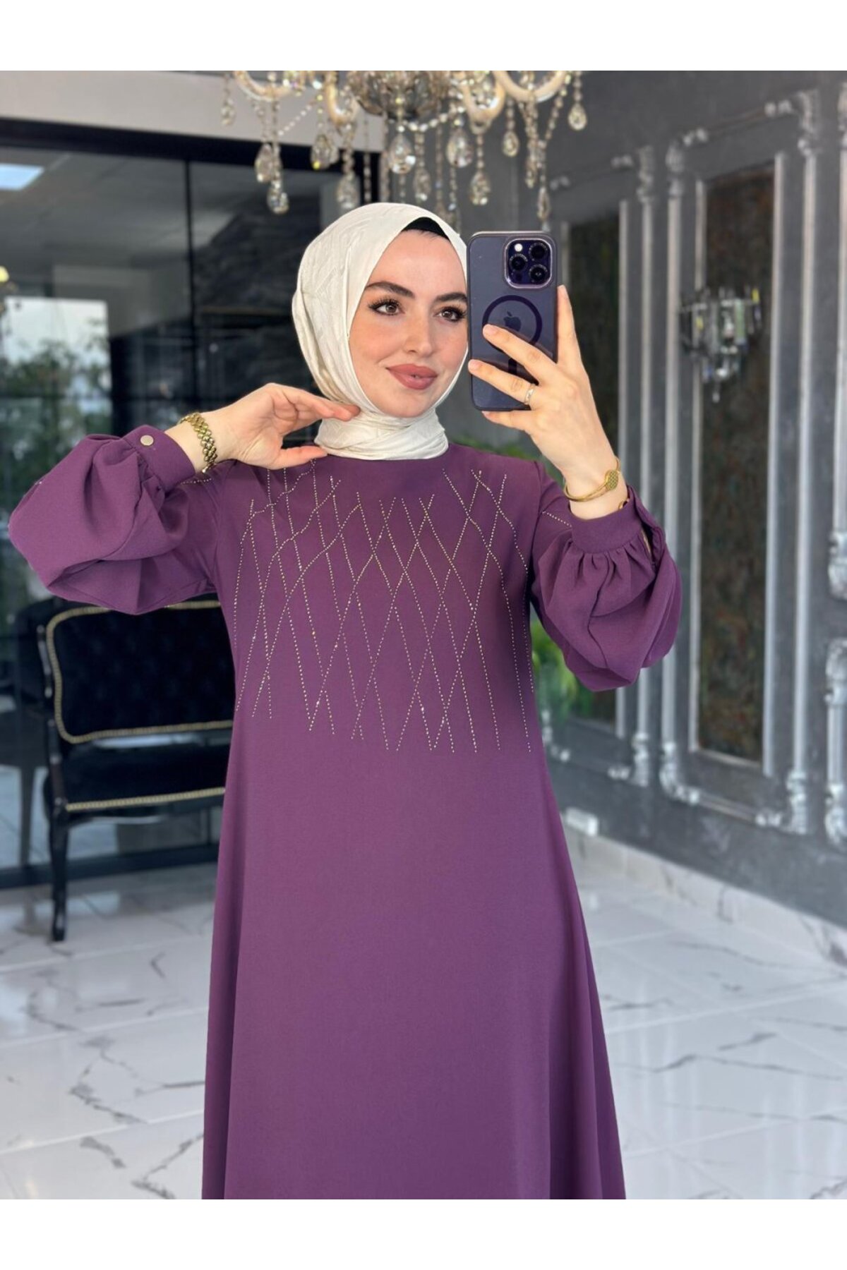 Tül detaylı kare elbise Mürdüm
