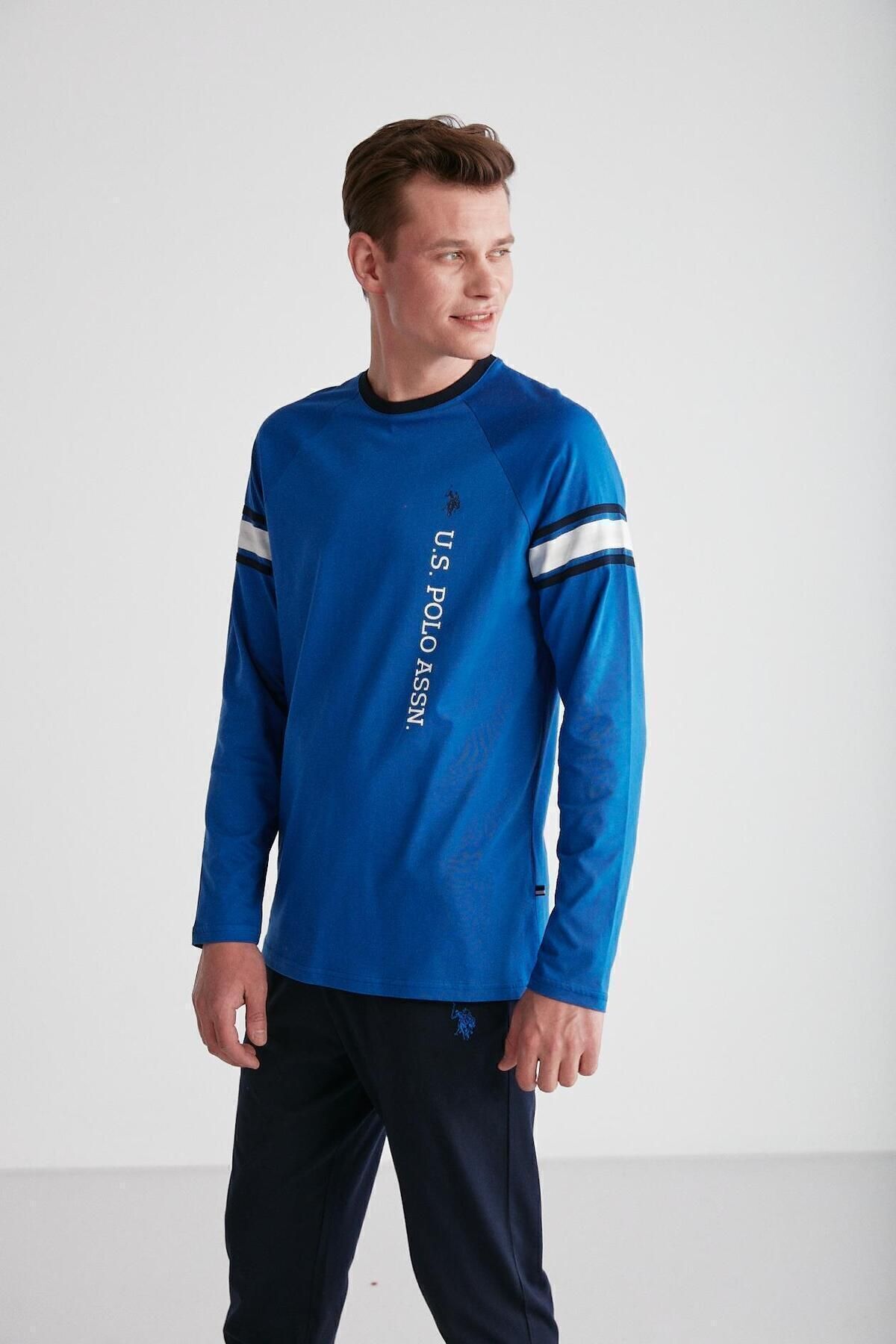 ست پیژامه آبی مردانه لباس خواب یقه گرد ساق اسکینی U.S. Polo Assn.
