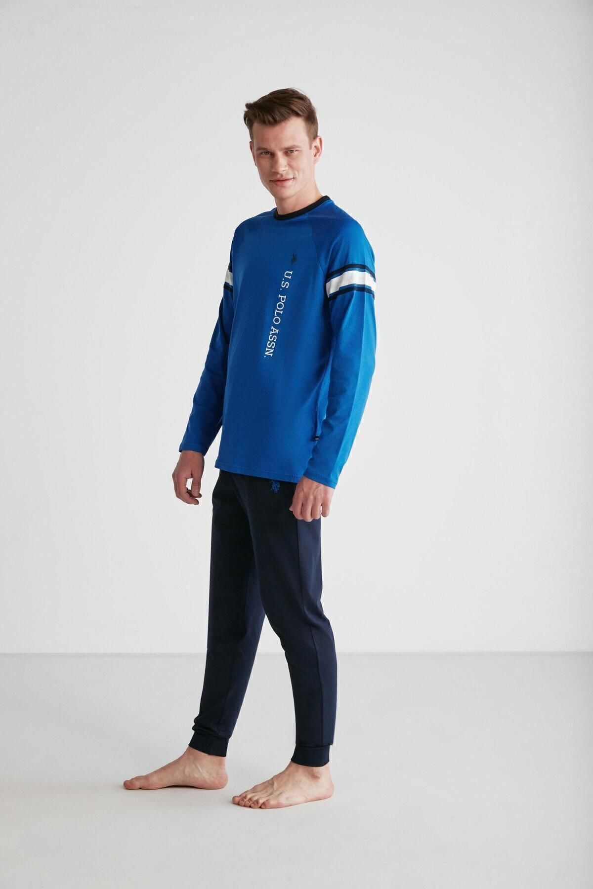 ست پیژامه آبی مردانه لباس خواب یقه گرد ساق اسکینی U.S. Polo Assn.