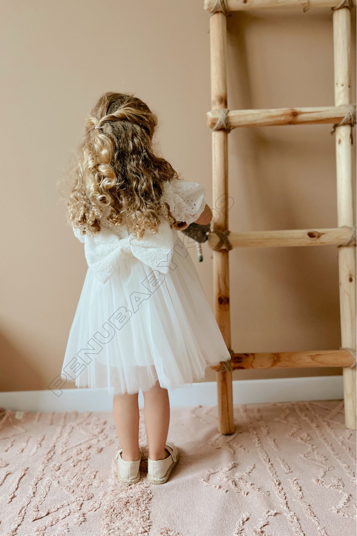 penu baby kids Beyaz Fisto Detaylı Tül Etekli Kısa Kol Kız Bebek Elbise fotoğrafı 3 (önizleme)