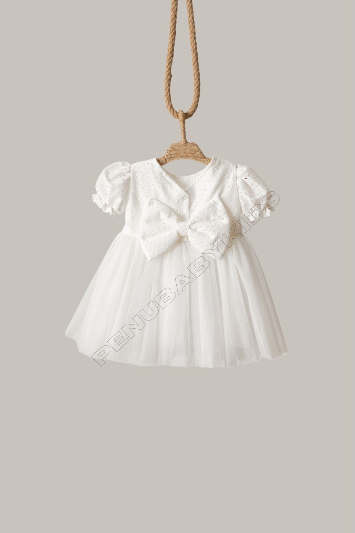 penu baby kids Beyaz Fisto Detaylı Tül Etekli Kısa Kol Kız Bebek Elbise fotoğrafı 7 (önizleme)