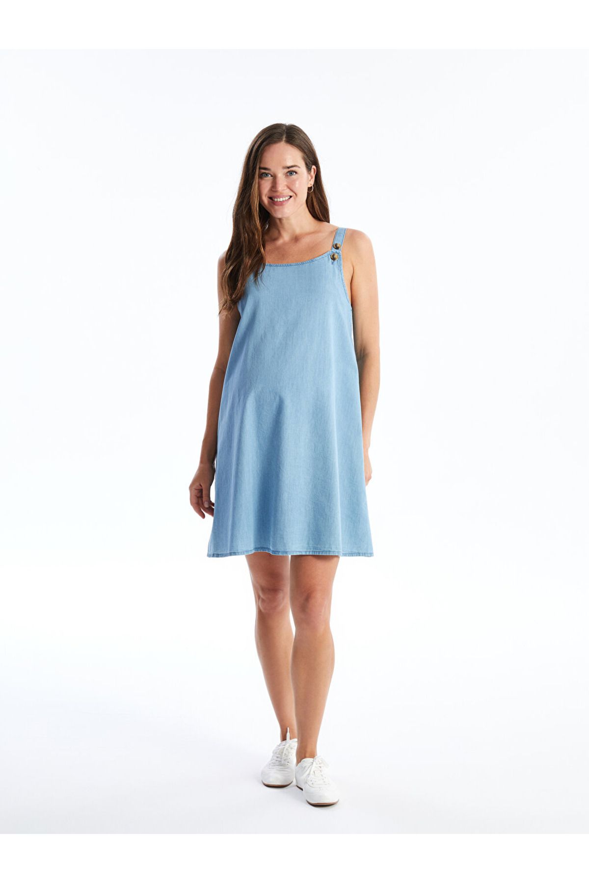 new collection U Yaka Düz Askılı Hamile Jean Elbise city