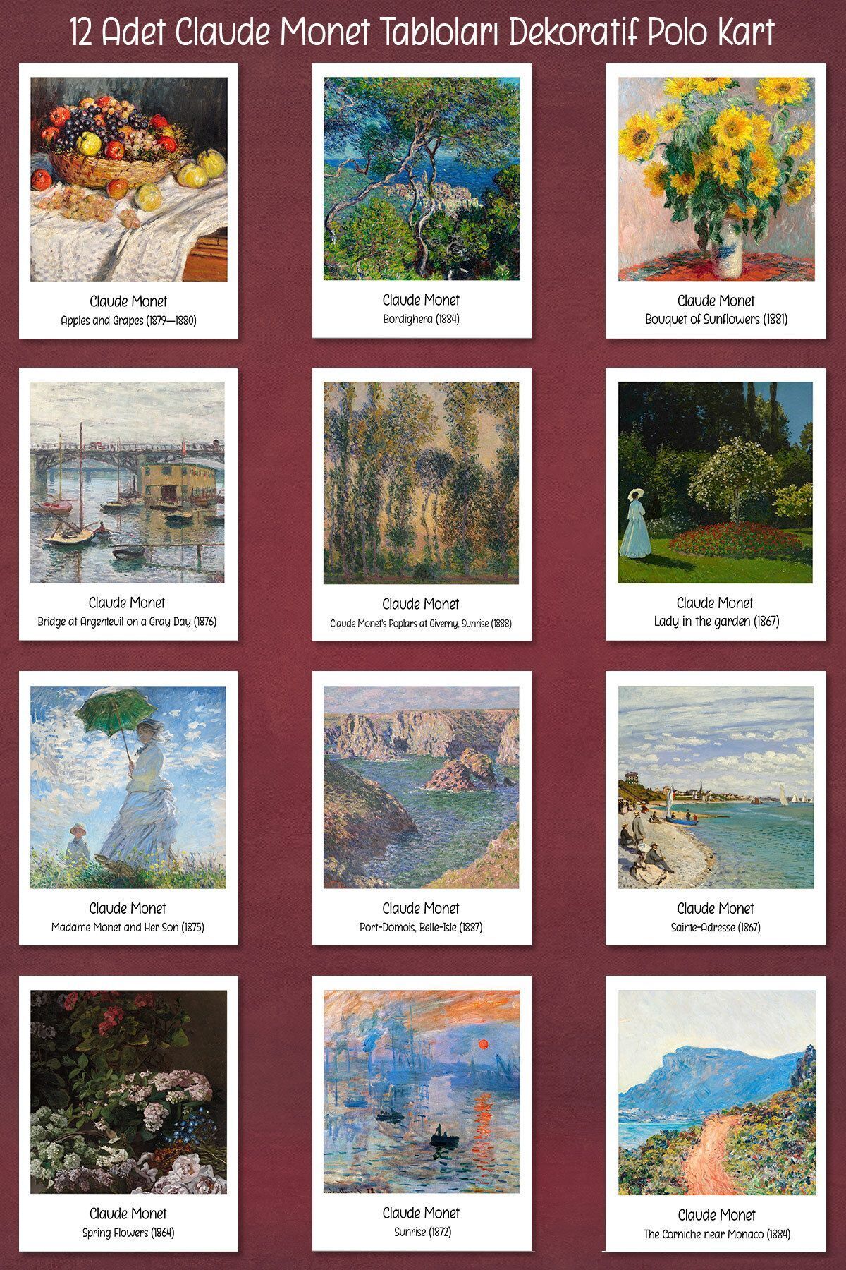 Runrux Claude Monet Tabloları 12 Adet Dekoratif Polo Kart - Sanatsal Poster Kartları