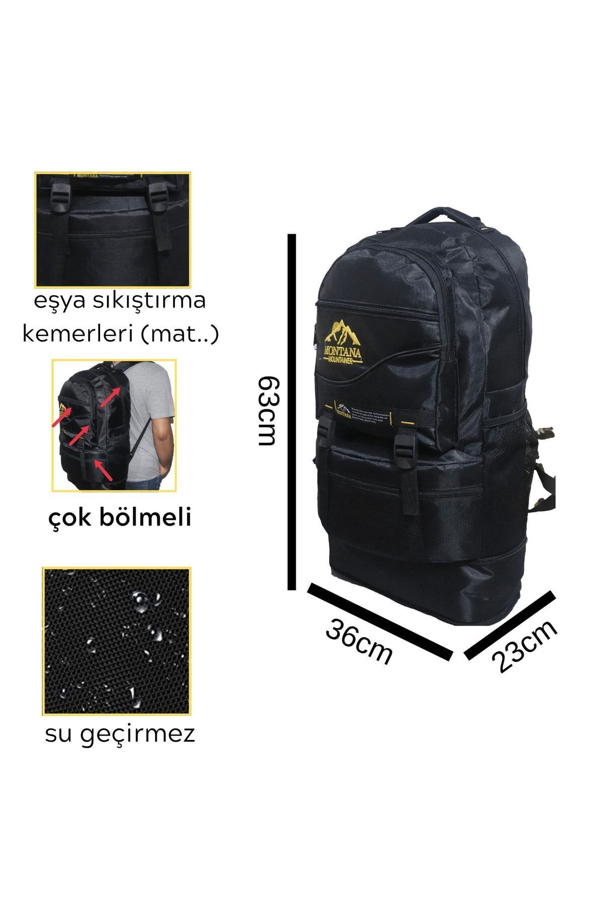 MONTANA-Mountainer 55+10 Liter Gusseted Black Waterproof Multi-Compartment Travel-Mountaineer-Camper Backpack 2