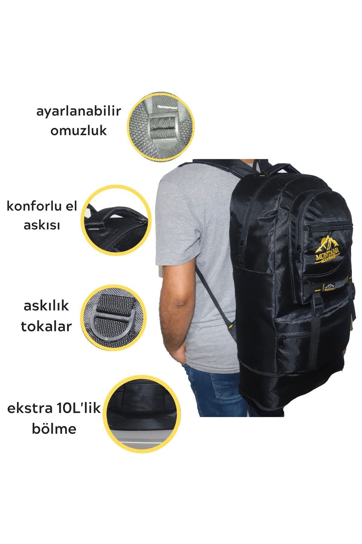 MONTANA-Mountainer 55+10 Liter Gusseted Black Waterproof Multi-Compartment Travel-Mountaineer-Camper Backpack 3