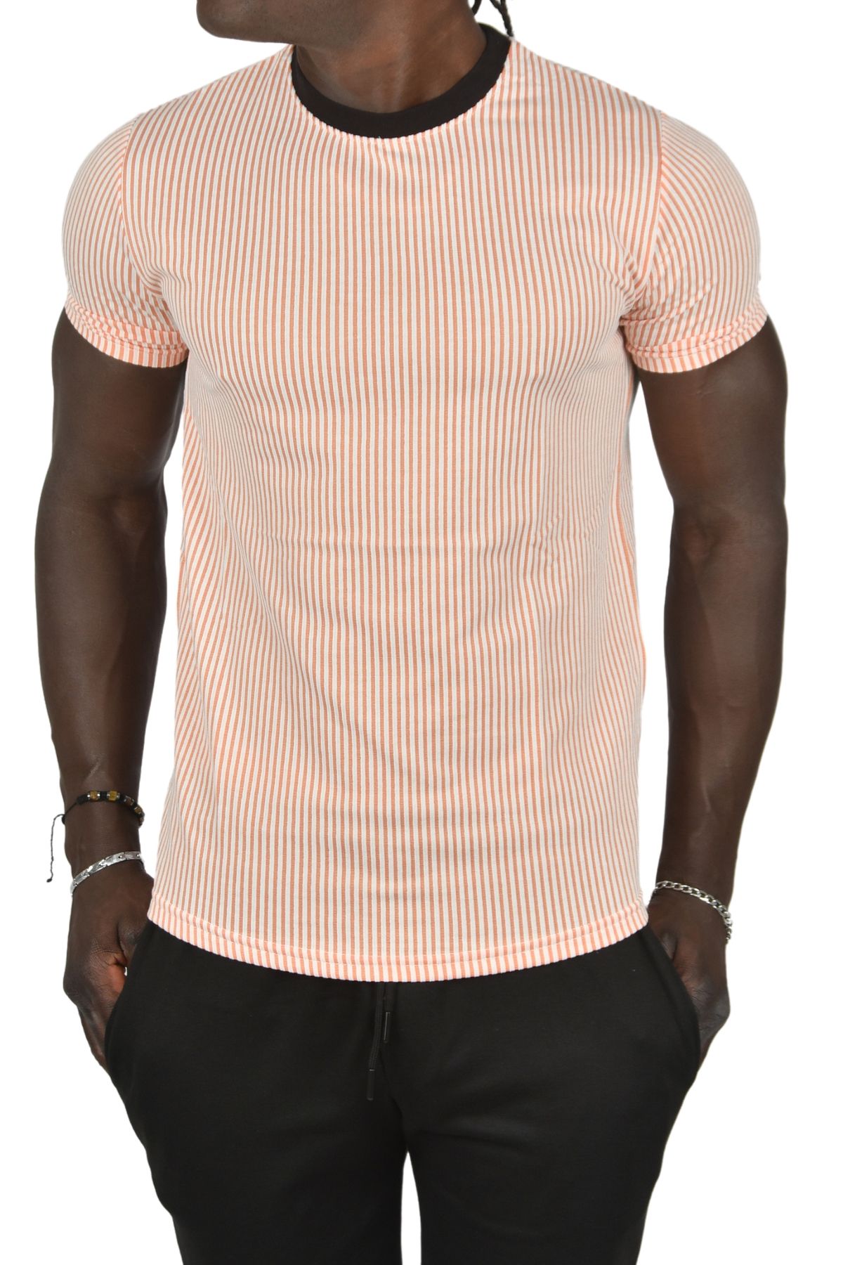 DeepSEA-Tricou pentru bărbați cu dungi portocalii slim fit din lycra waffle - decolteu 24032 2