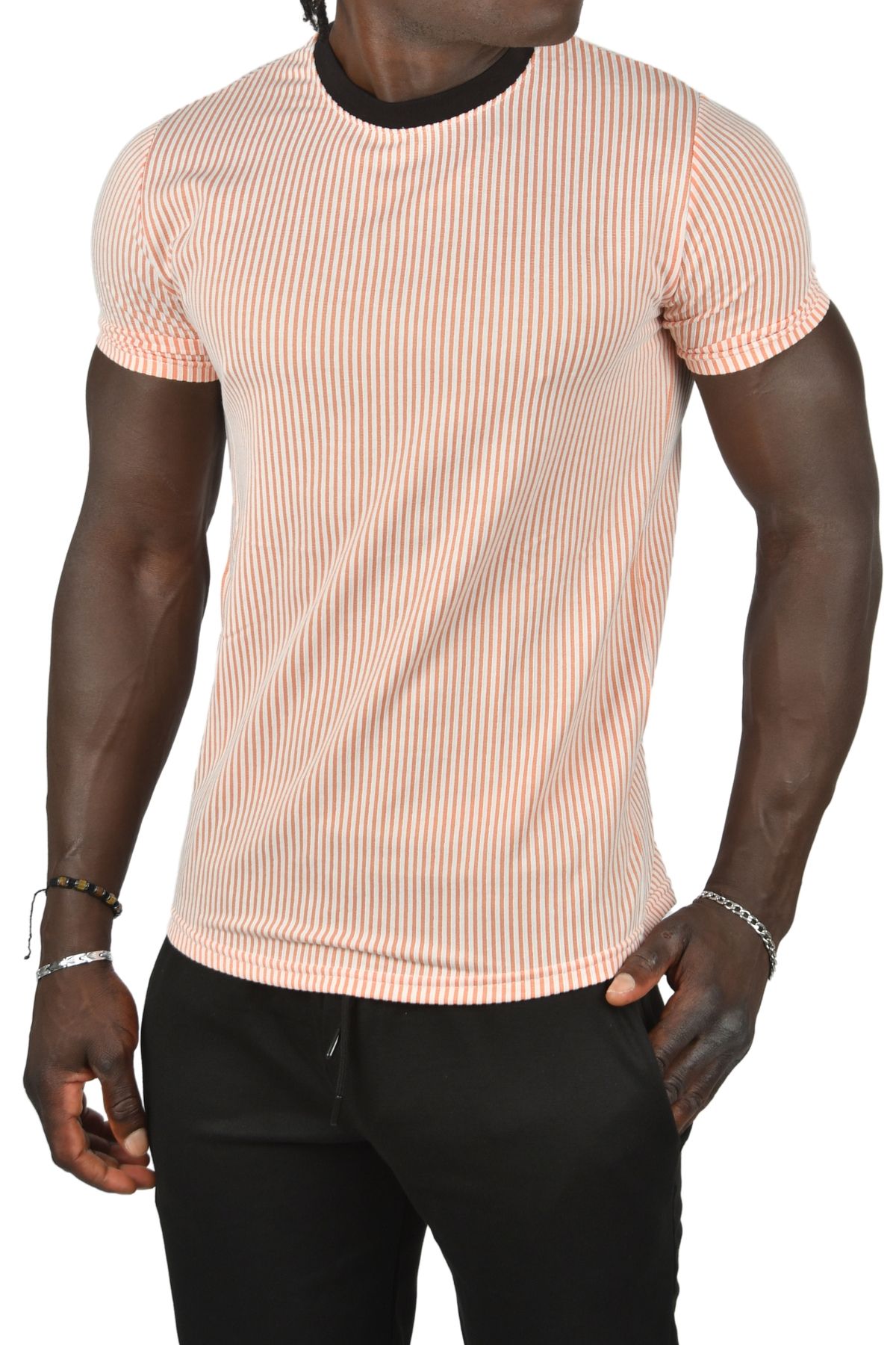 DeepSEA-Tricou pentru bărbați cu dungi portocalii slim fit din lycra waffle - decolteu 24032 4