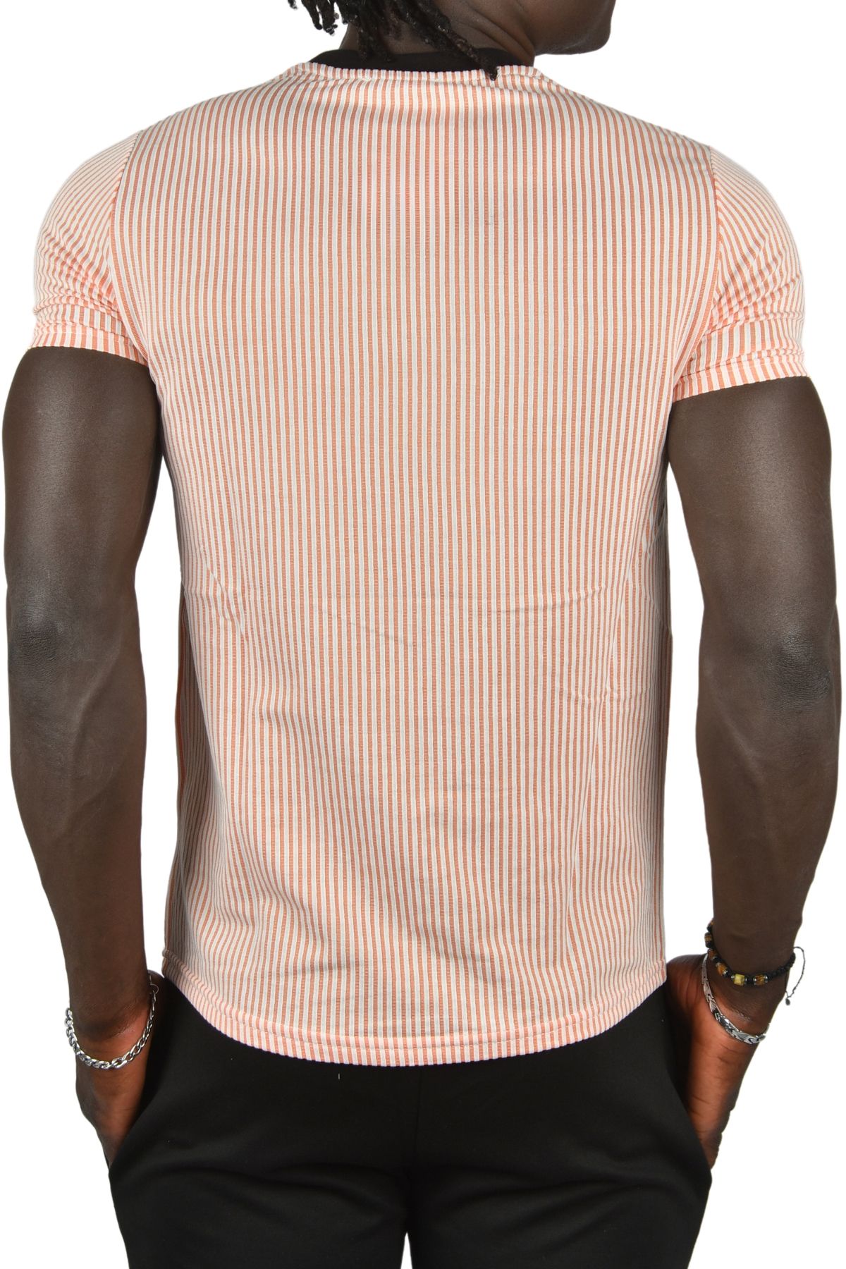 DeepSEA-Tricou pentru bărbați cu dungi portocalii slim fit din lycra waffle - decolteu 24032 5