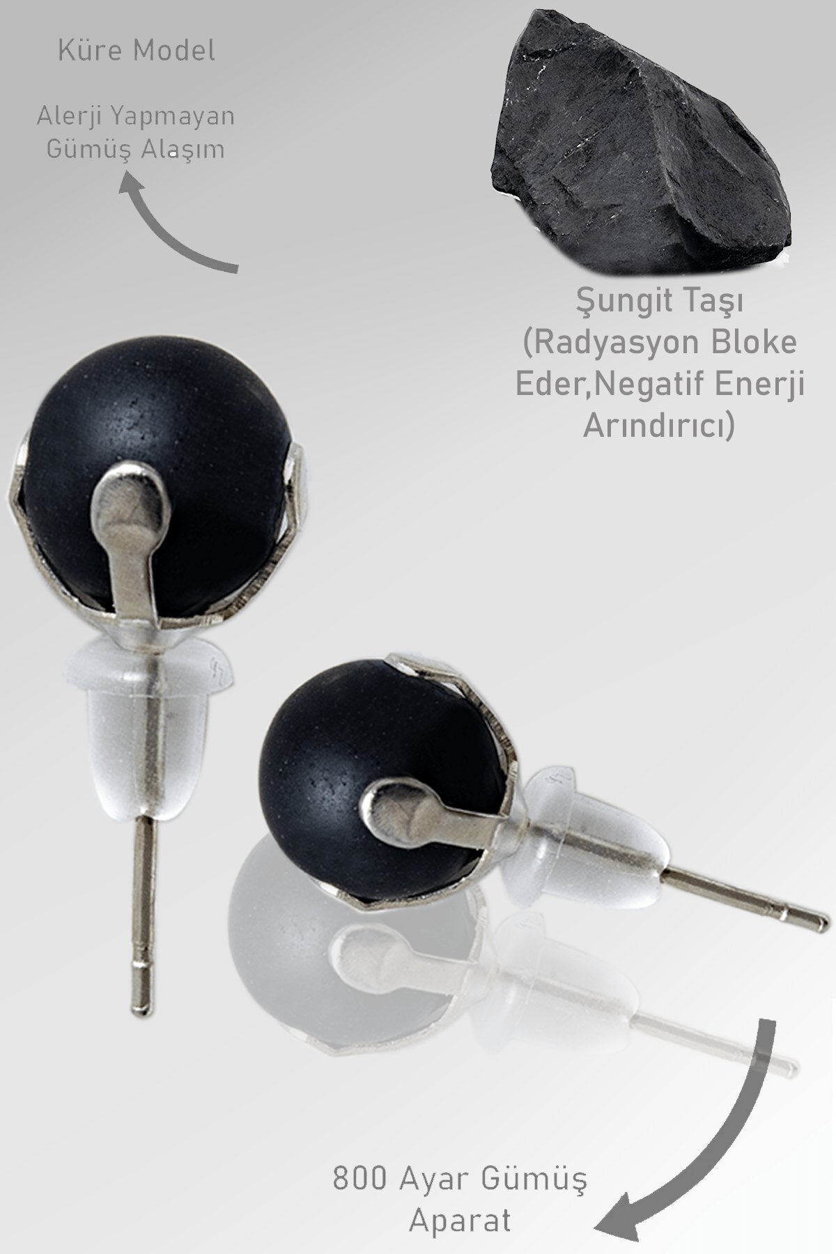 Tesbih Atölyesi Sertifikalı Gerçek Shungite - Şungit Taşı Nokta Doğal Taş Küpe