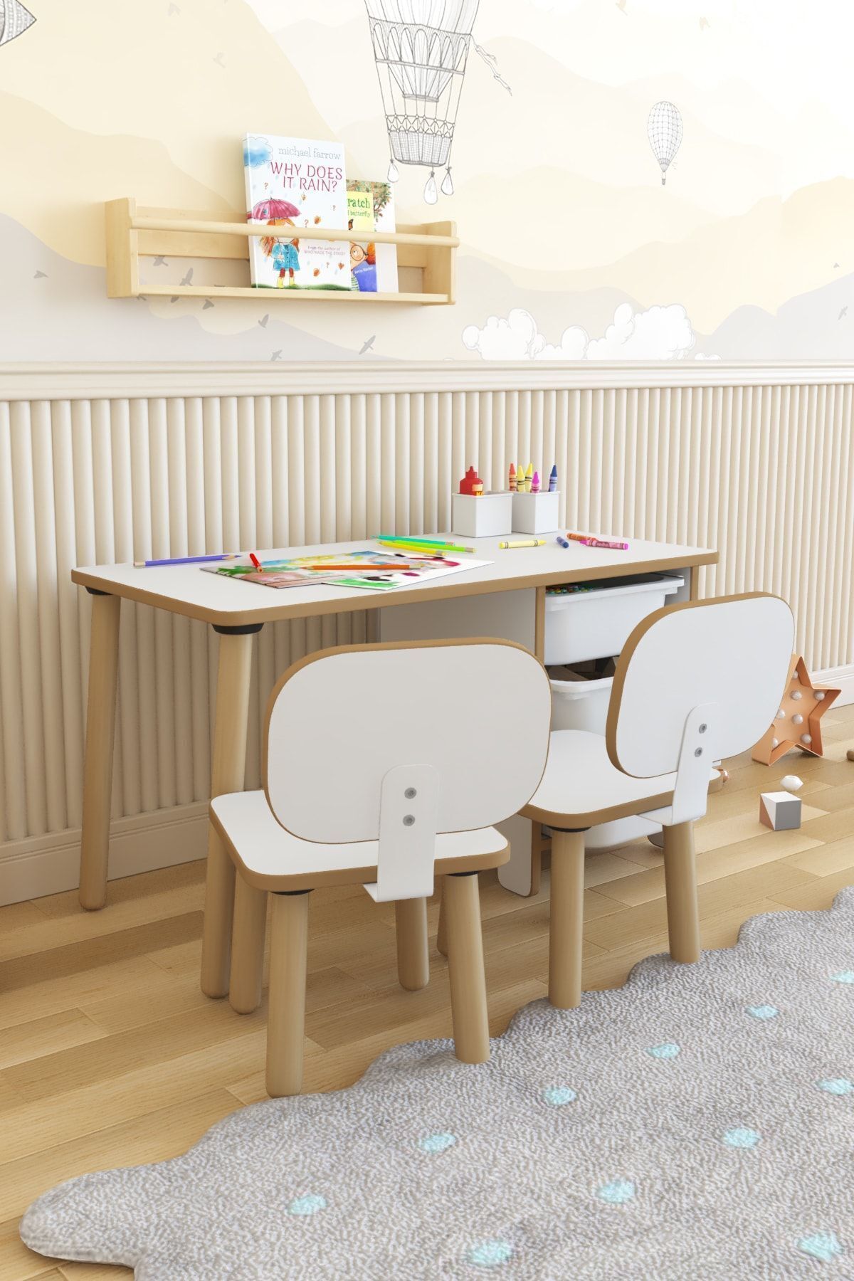 POFİTTO Çocuk Masa Sandalye Takımı 90x45 Cm 3 Sepetli Çocuk Çalışma Ve Aktivite Masası Yaz-sil,2 Sandalyeli fotoğrafı 4 (önizleme)