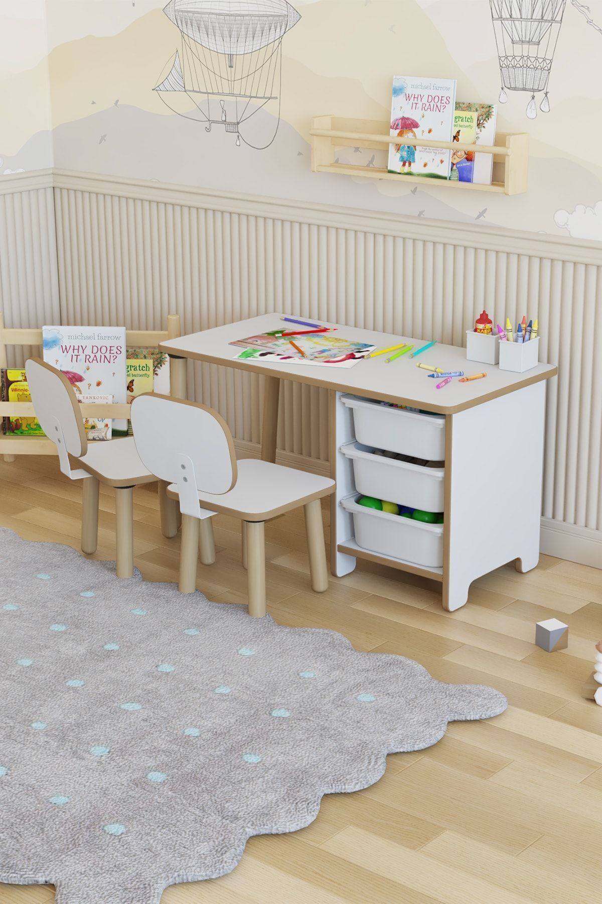 POFİTTO Çocuk Masa Sandalye Takımı 90x45 Cm 3 Sepetli Çocuk Çalışma Ve Aktivite Masası Yaz-sil,2 Sandalyeli fotoğrafı 2 (önizleme)