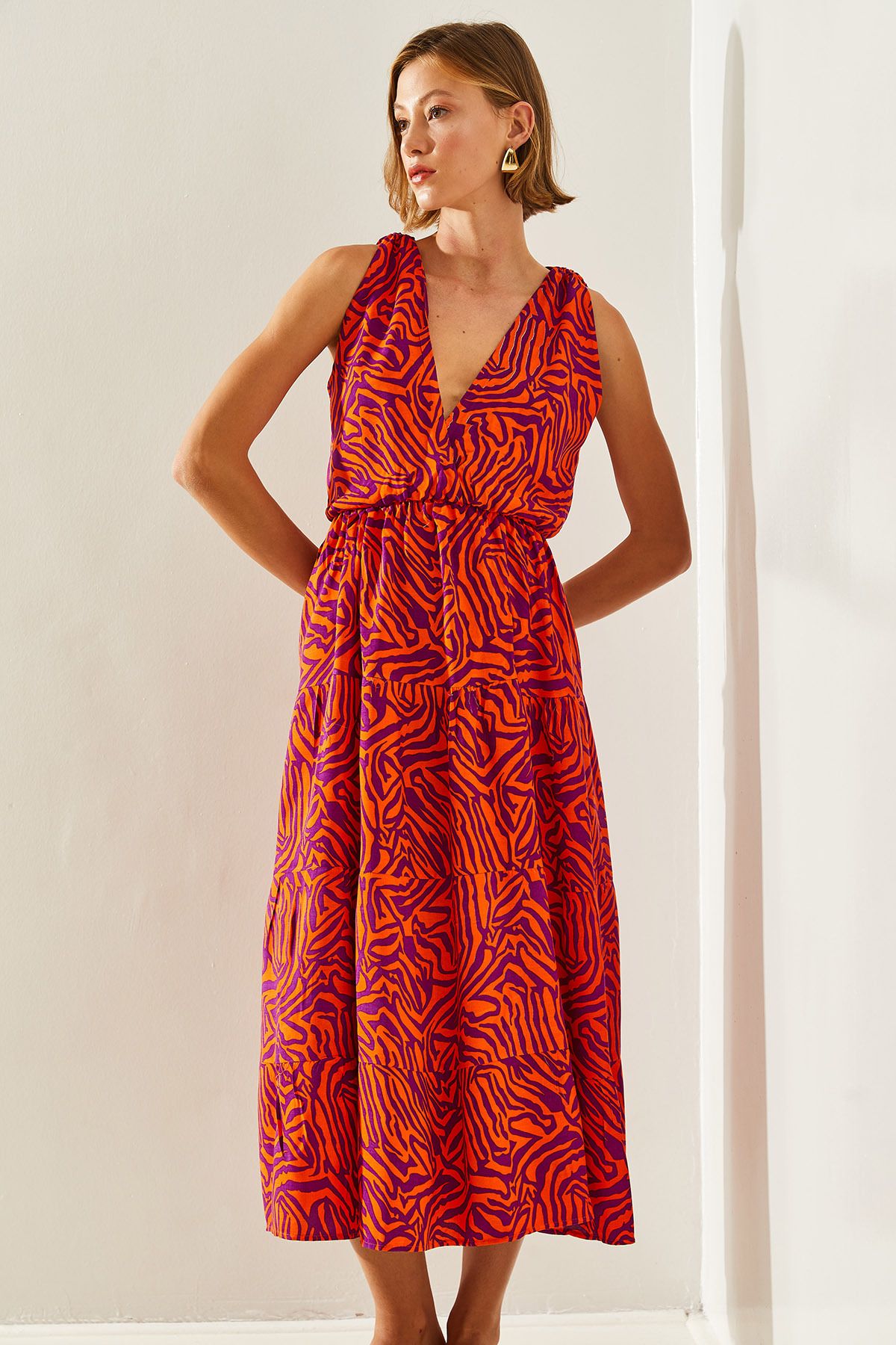 Bianco Lucci-Women's Symmetry Patterned Double Breasted Collar and Rope Tie Dress -60251399 3