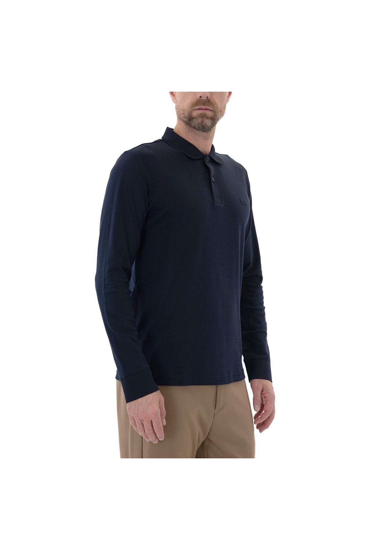 تی شرت یقه پولو آبی مردانه آستین بلند یاکا پنبه روزمره برش چوگان K10K11868 CHW Calvin Klein
