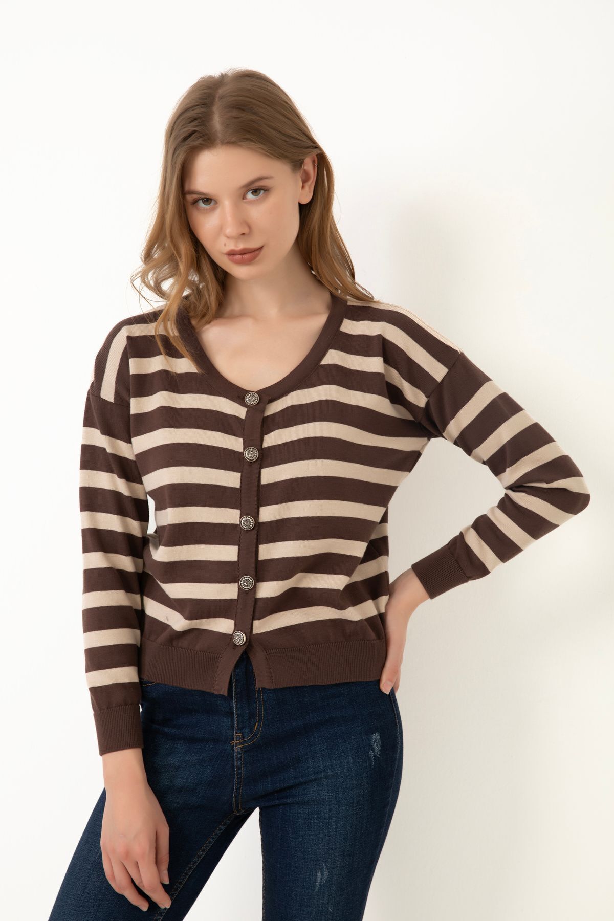 Give Way  Kadın Çizgili Triko Hırka (HEDİYE KUTULU) - Görsel 4