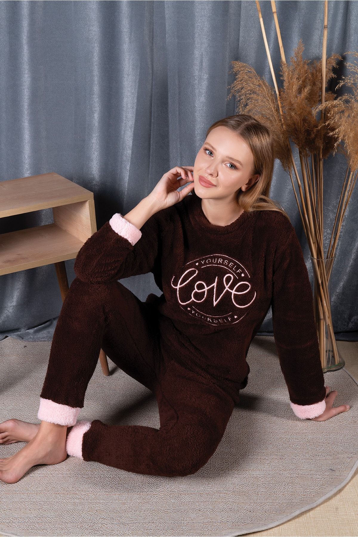 MyBen-Women's Brown Love Printed Cuffed Full Plush Pajama Set 30008 Plush 2