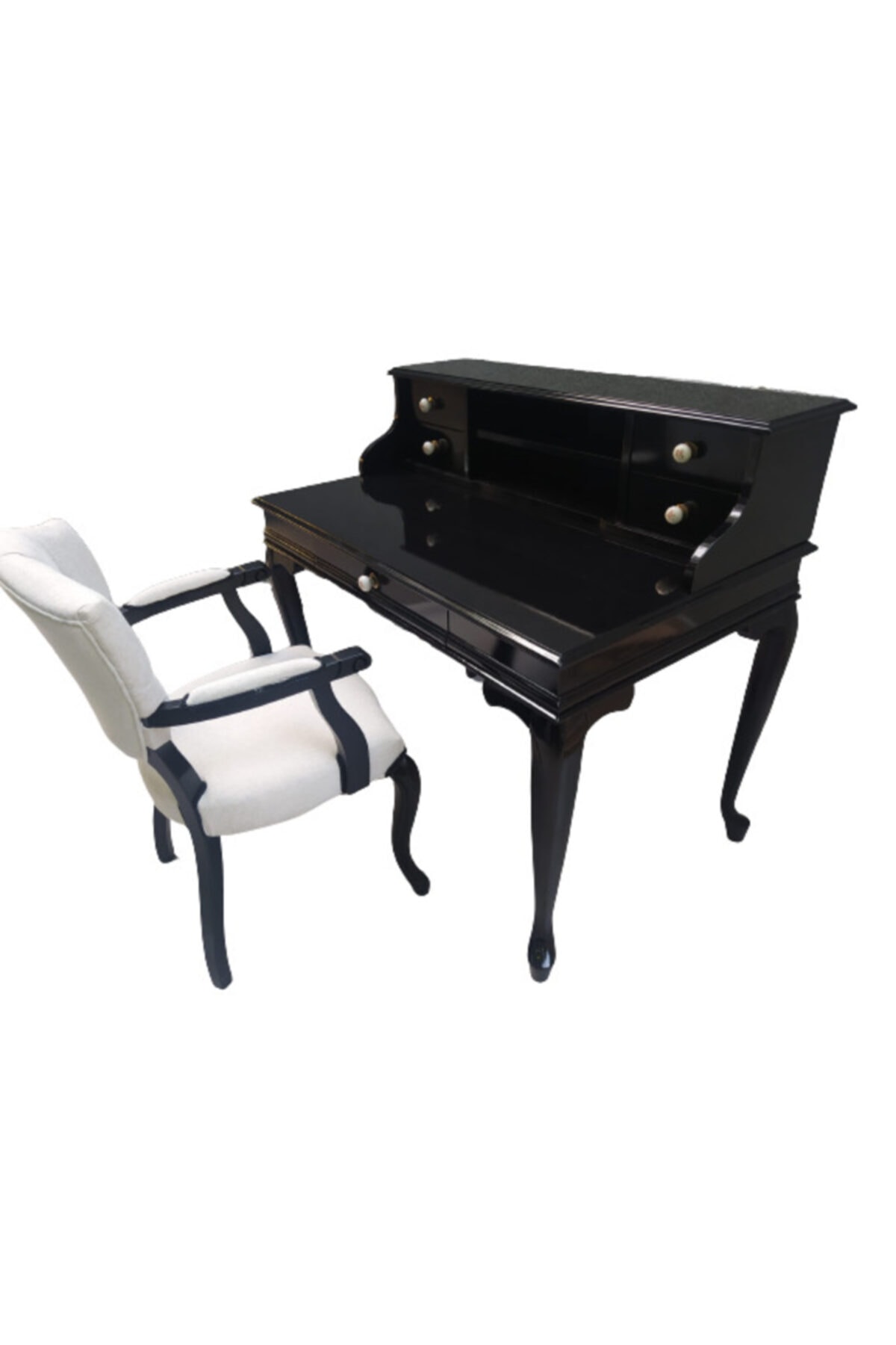 BENGİ TİCARET Çalışma Masa-berjer Sandalye Kelebek Model Siyah Lake Boya Keten Kumaş Aslan Ayak, Porselen Kulp OH10075