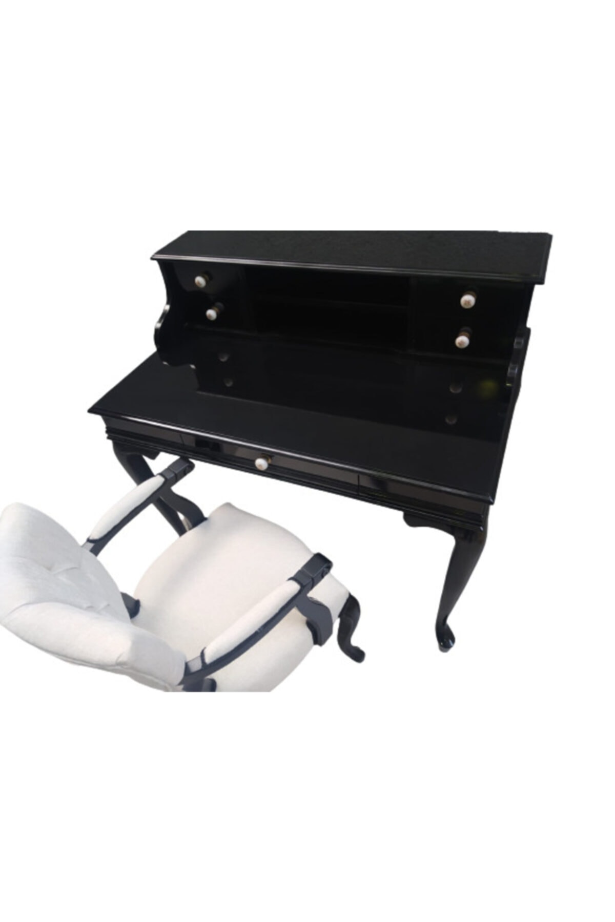 BENGİ TİCARET Çalışma Masa-berjer Sandalye Kelebek Model Siyah Lake Boya Keten Kumaş Aslan Ayak, Porselen Kulp OH10075