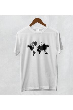 Siyah Dünya Haritalı Baskılı Beyaz Pamuk Polyester T-shirt B-YGRSLTSHIRT00-51
