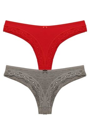 Kırmızı Gri Renk Seçenekli Kenarları Dantelli Brazilian Bikini Külot 225671