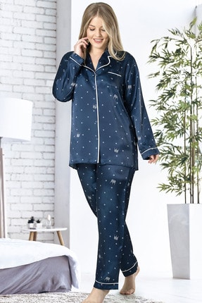 Kadın Saten Uzun Kol Büyük Beden Mavi Pijama Takım ZM16086750