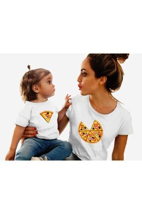 Anneler Günü Özel Anne Çocuk Pizza Dilimi Baskılı T-shirt B-ANNECCK-01