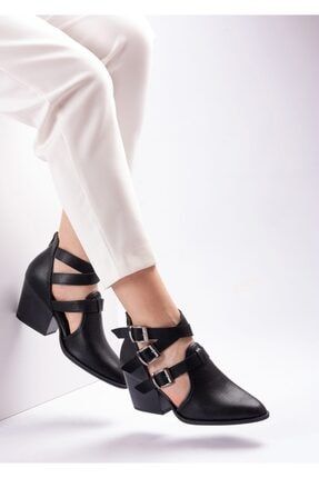 Bella Kadın Özel Tasarım Toka Ayarlı Arkadan Fermuarlı Siyah Cilt Yazlık Ayakkabı P22S4627