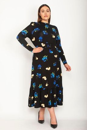Kadın Siyah Pamuklu Kumaş Yaka Ve Beli Gipe Lastikli Uzun Kollu Çiçek Desenli Elbise K6/12 26A26896