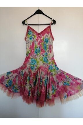 Kadın Otantik Pamuk Pembe Kemik Çok Renkli Desenli Lastikli Tüllü Elbise 5571710