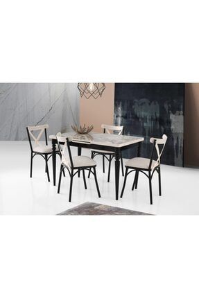 Ortadan Açılır Ahşap Salon Yemek Masası Mermer Desen 6 Ekru Siyah Sandalye Takım P13198S6560