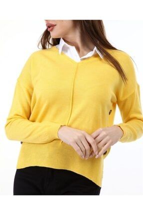 Kadın Yandan Düğmeli Gömlek Yaka Sarı Kazak AQ204090