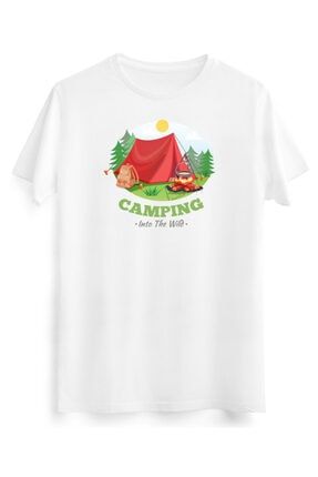 Kamp Macera Çadır Seyahat Karavan, Doğa Ve Yeşil Temalı, Beyaz Renk Tasarım Tişört EL8263