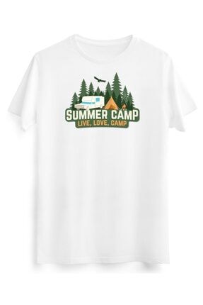 Kamp Macera Çadır Seyahat Karavan, Doğa Ve Yeşil Temalı, Beyaz Renk Tasarım Tişört EL8286