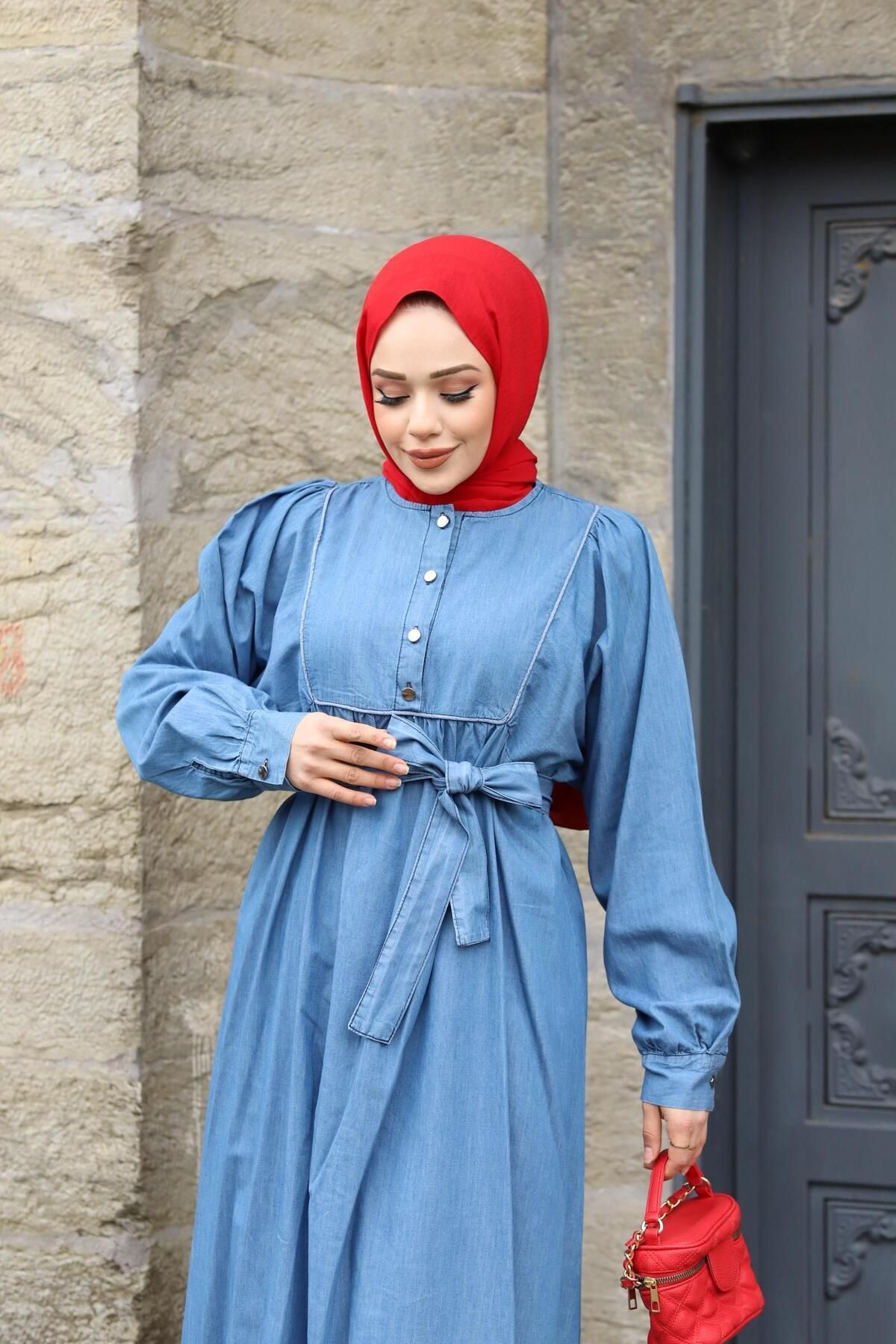 M SSKAYLE Stripe Detailed Hijab Open Denim Dress