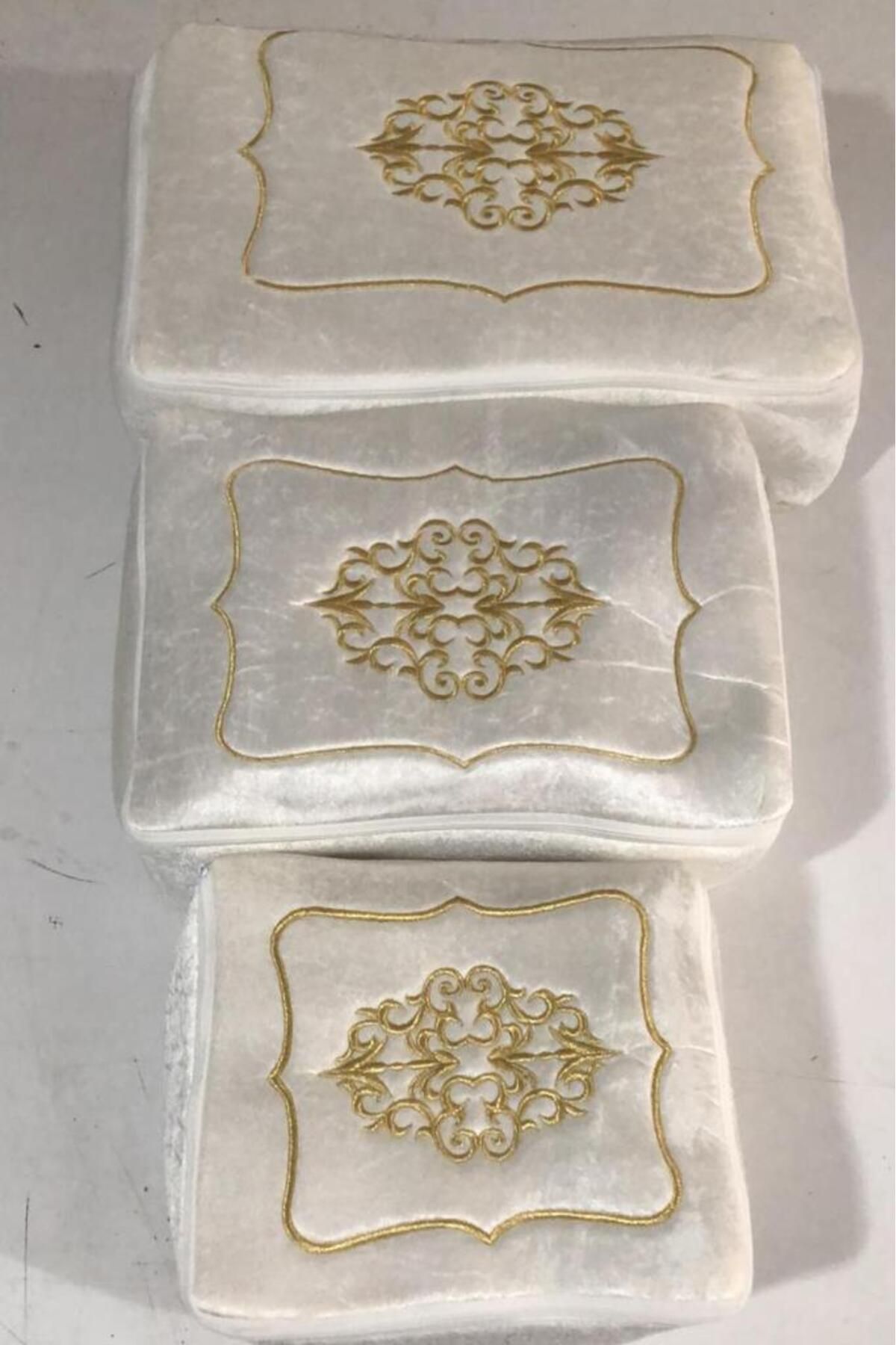 Çeyiz Diyarı Geantă Cu Burete Din 3 Bucăți Brodate Cu Fermoar Din Catifea - Crem - One Size