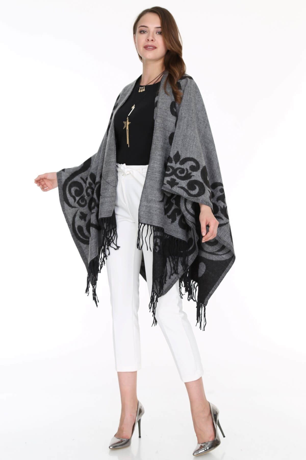 Patiska-Women's Gray Patterned Poncho 1163357 3