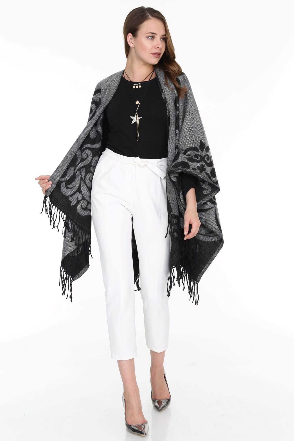 Patiska-Women's Gray Patterned Poncho 1163357 2