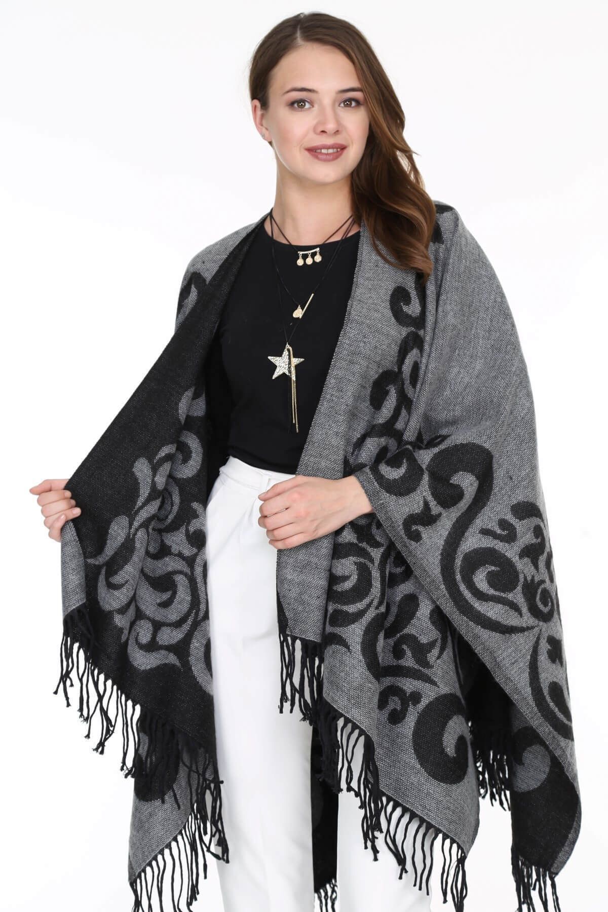Patiska-Women's Gray Patterned Poncho 1163357 7