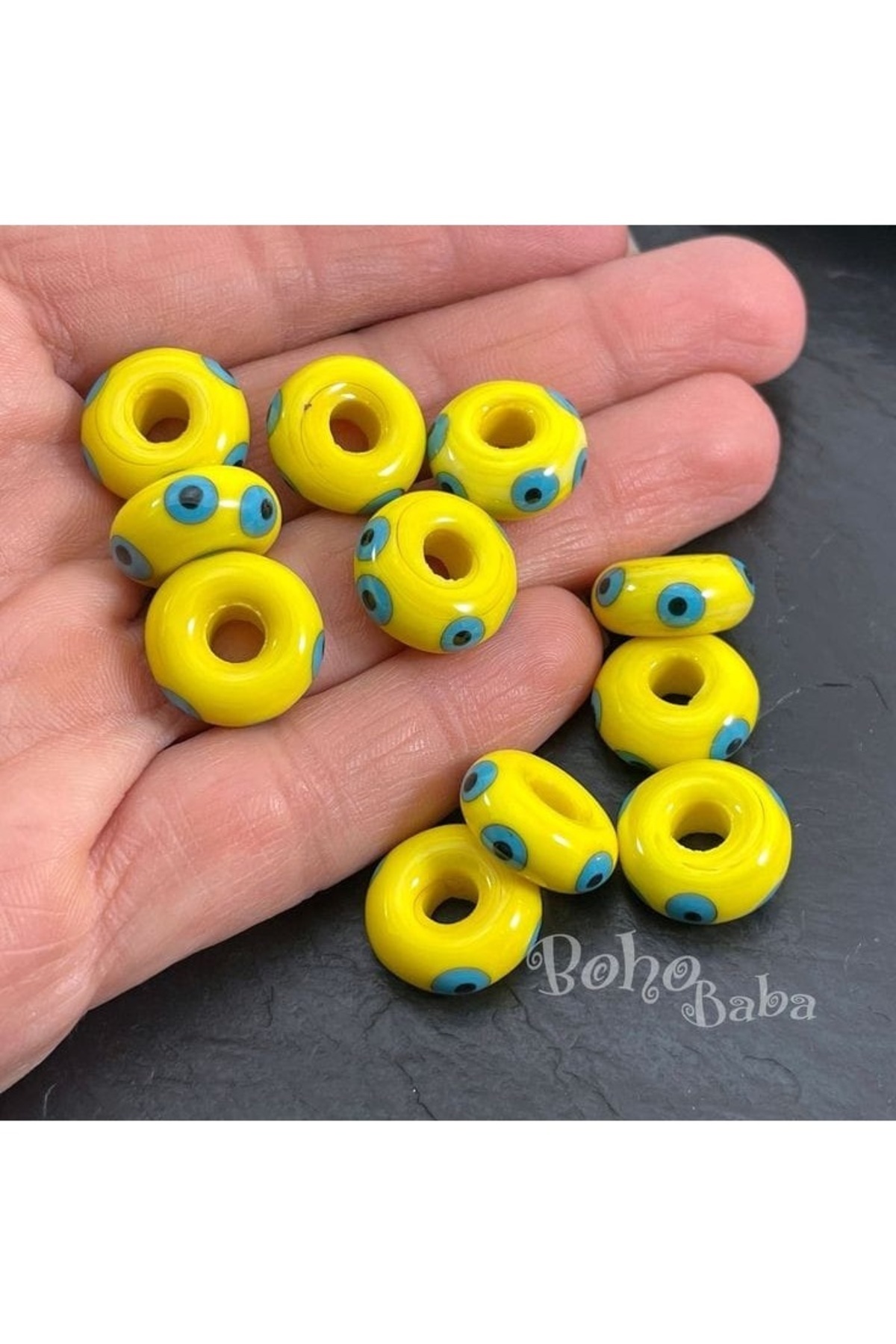 Yellow Plump Murano Glass Beads Round Evil Eye Beads (2 PCS) Average 1 cm in size.