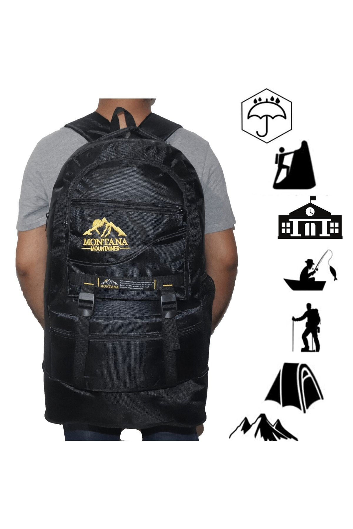 MONTANA-Mountainer 55+10 Liter Gusseted Black Waterproof Multi-Compartment Travel-Mountaineer-Camper Backpack 5