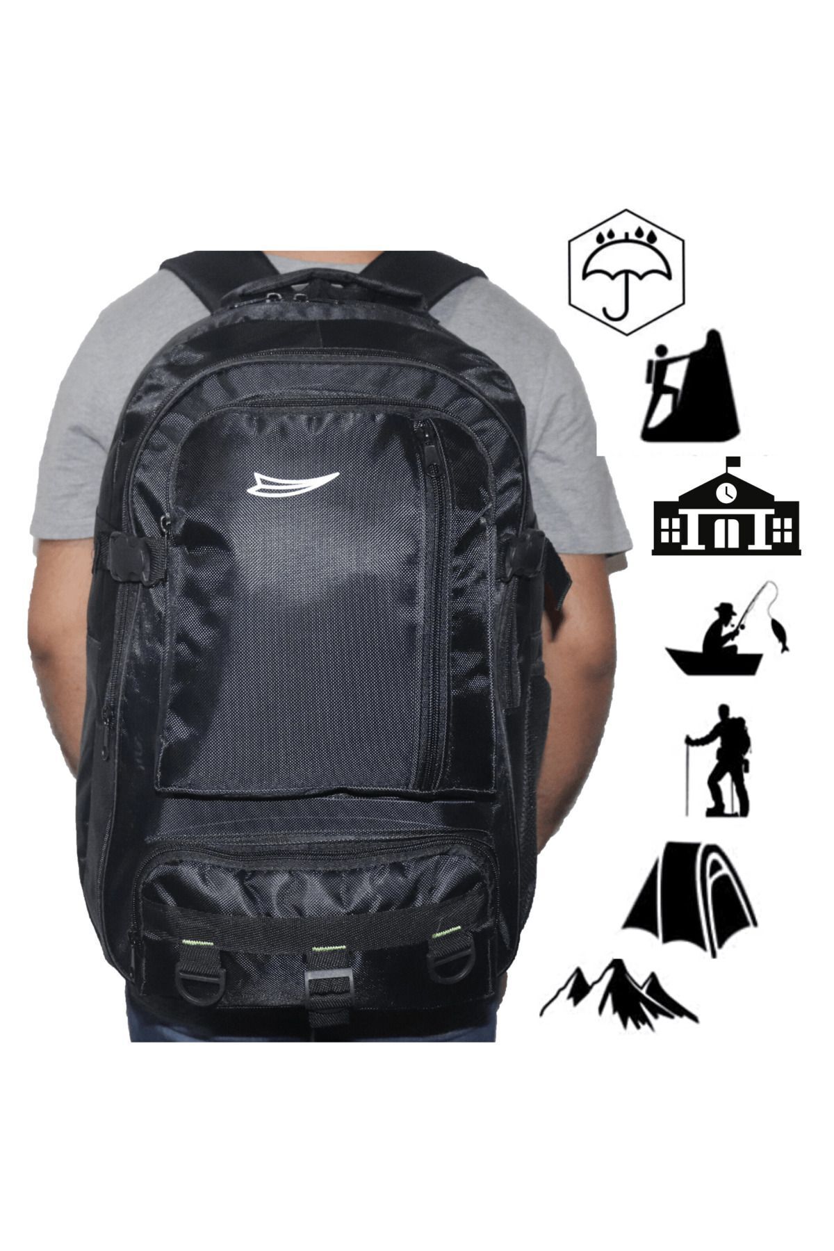 Baggor-Rucsac negru de dimensiuni mari, rezistent la apă, cu mai multe compartimente, pentru drumeții, călătorii, școală, alpinism, trekking 5