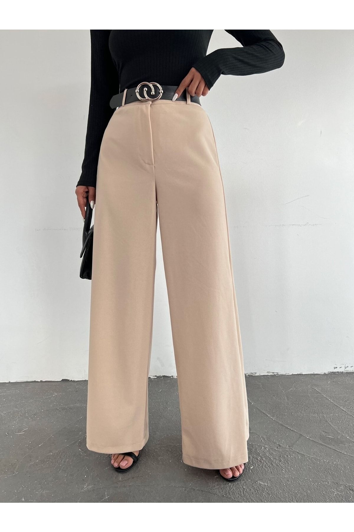 Bol Paça Kemerli Pantolon 1. Kalite — بژ 123087